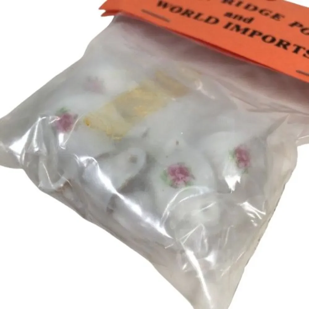Miniature Dollhouse Tea Coffee Set Pink Rose Cups Saucers Creamer Sugar Tray New